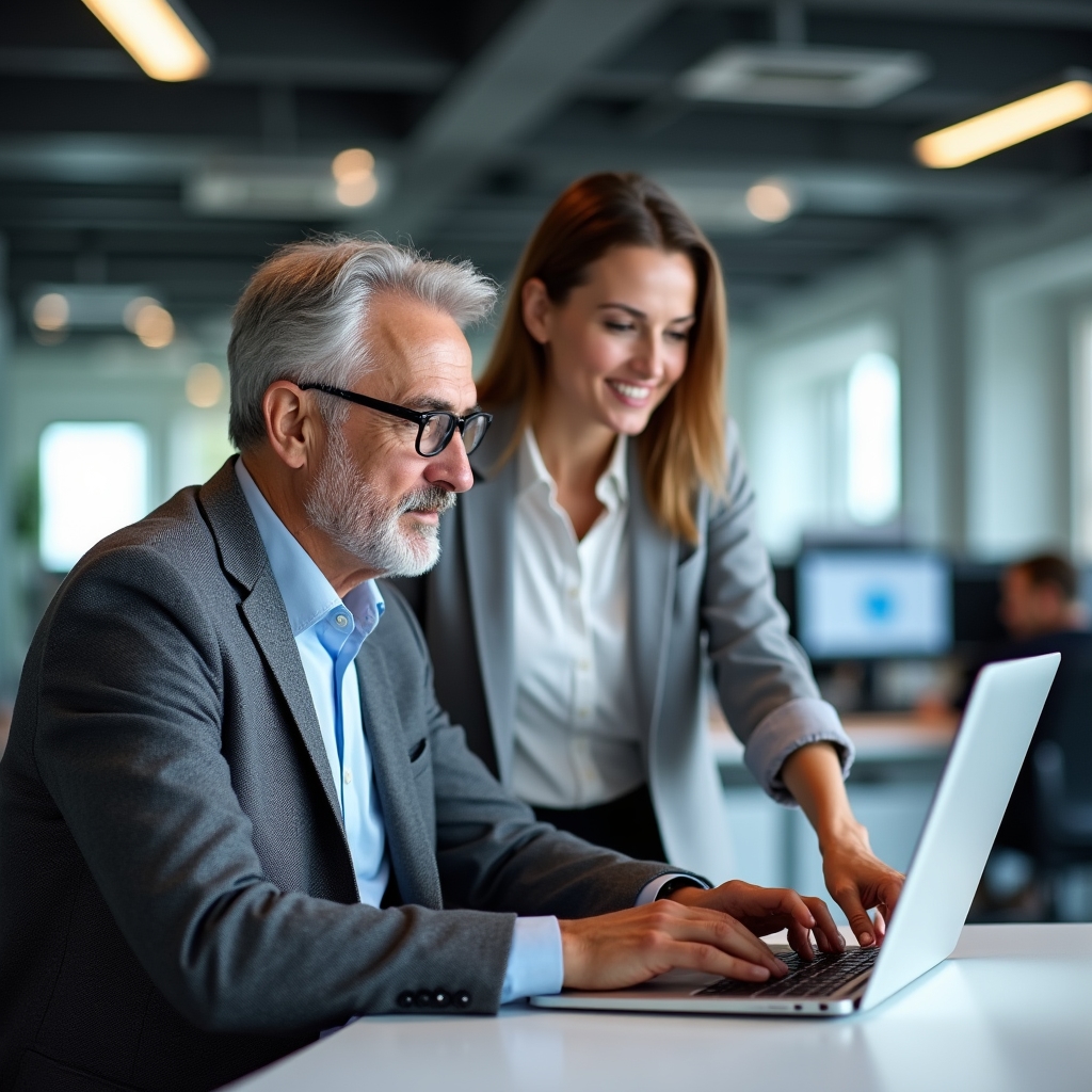 Dipendente senior che partecipa a una sessione di formazione digitale in azienda