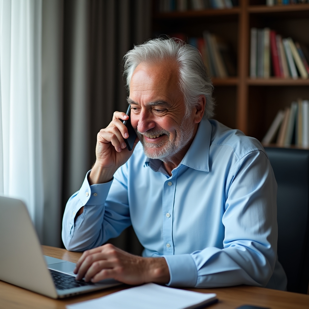 Persona anziana serena al telefono con supporto tecnico