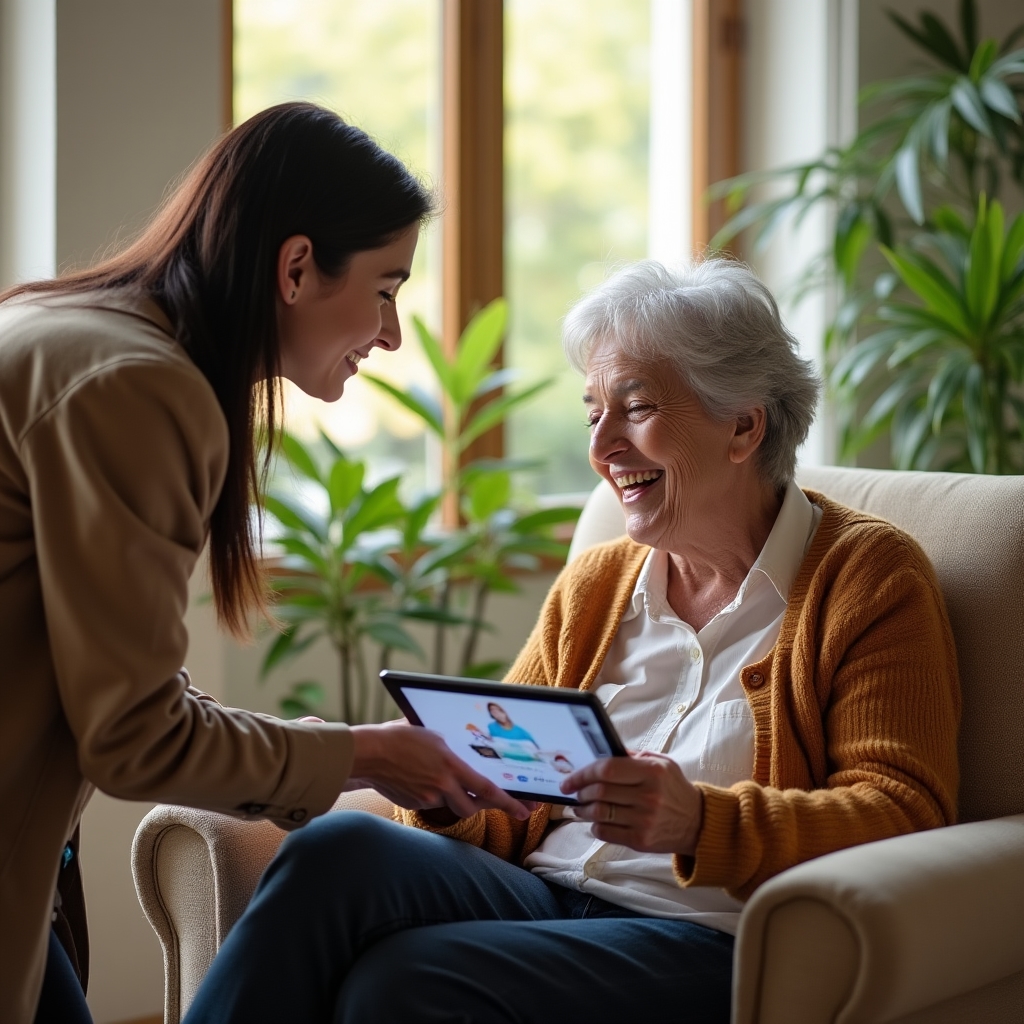 Anziana che impara a usare il tablet con l'aiuto di un tecnico