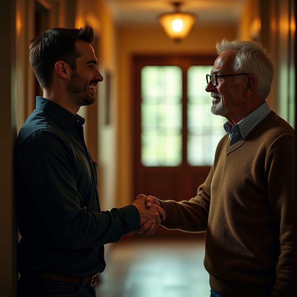 Tecnico e anziano che si stringono la mano in segno di fiducia